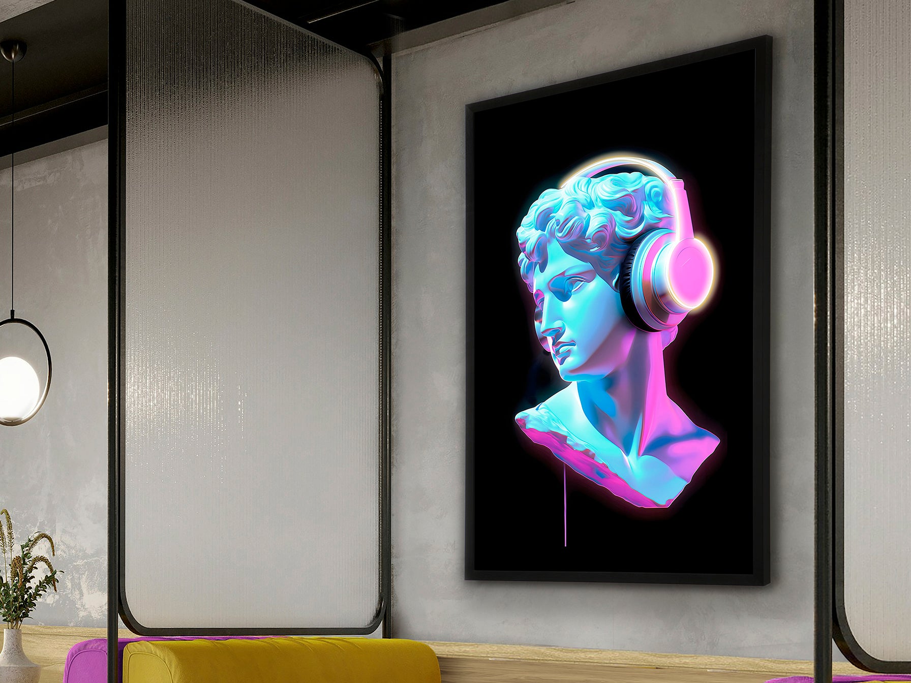 LED картина Busto Night с цветен бюст със слушалки – детайлен изглед