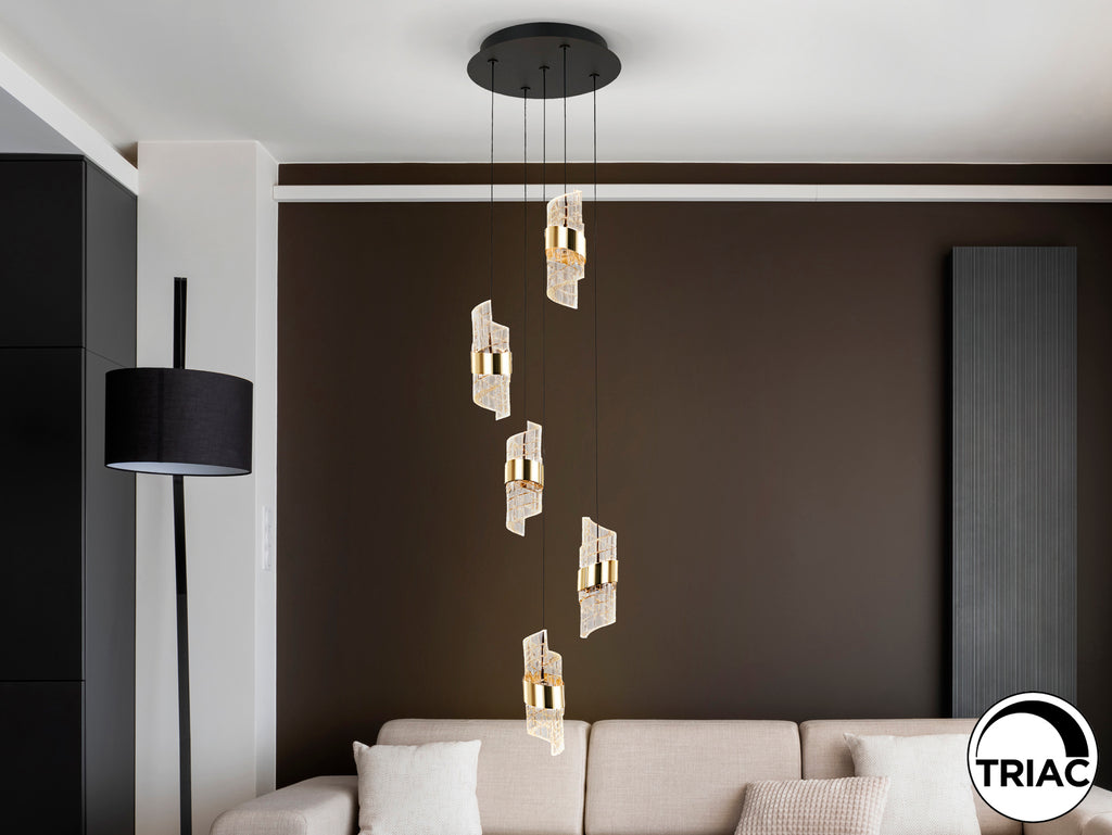 Висяща LED лампа Iliada 5L с 5 спираловидни абажура, димируема – детайлен изглед