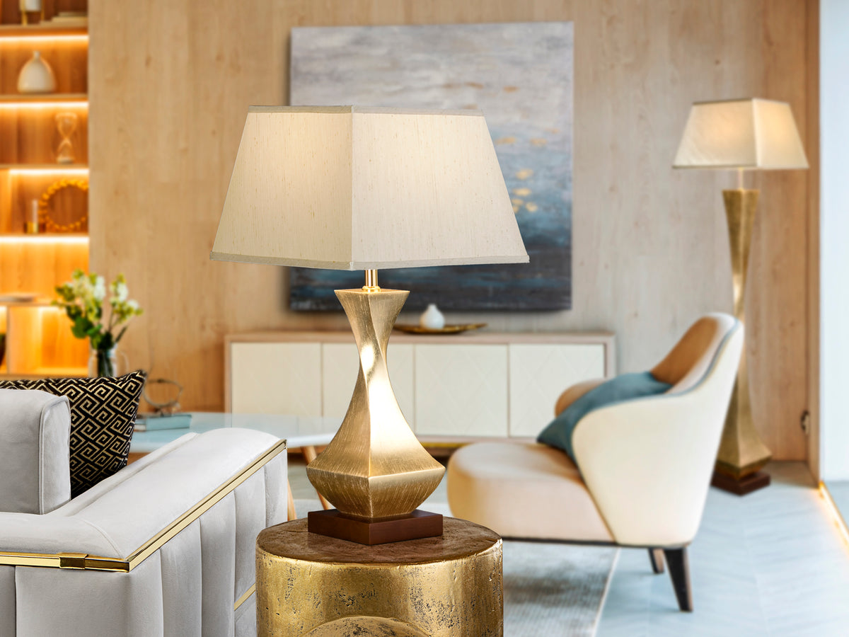 Настолна лампа Deco със златен варак и текстилен абажур